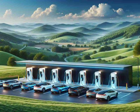 A realistic high-definition landscape showing Kentucky's beautiful countryside, with small hills and green fields under a blue sky with some white clouds. To illustrate the progress in electric vehicles, imagine a contemporary charging station with several electric cars, of various models and colors, plugged in and charging. The station should be modern and efficient, with glowing charging points, several cars plugged in, and a clear LED sign indicating that it's an electric vehicle charging station.