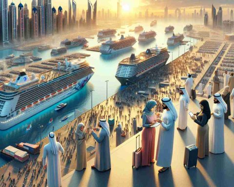 High definition image representing a spectacular view of the bustling cruise scene in Dubai with ships docked at the port. Numerous unidentified individuals are dispersed around the area, including a South Asian woman checking the cruise schedule, a Middle Eastern man discussing travel plans on his phone. The port area is animated and busy, suggesting an upcoming record-breaking number of cruise-goers. The skyline of Dubai, with its impressive modern architecture, is visible in the distant setting sun.