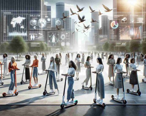 High-definition, photo-realistic scene of a diverse group of women, with varied descents such as Caucasian, Hispanic, Black, Middle-Eastern, and South Asian, engaging with electronic scooters. The setting could be an urban cityscape that teems with futuristic technology. Capture a sense of forward-thinking innovation and display statistics and infographics related to e-scooters within the scene to suggest a study or research on the rising use of e-scooters by women.