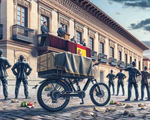 A realistic, high-definition image showcasing a scene from Spain where sustainable delivery bikes are apparently under threat. A high-intensity moment at an auction is taking place. There's tension as bidders anxiously wait to see who will emerge victorious. Illustrate the sustainable delivery bikes prominently in the foreground, seemingly abandoned before their potential final dispersal. Don't forget to incorporate Spanish architectural elements in the background to establish the setting.