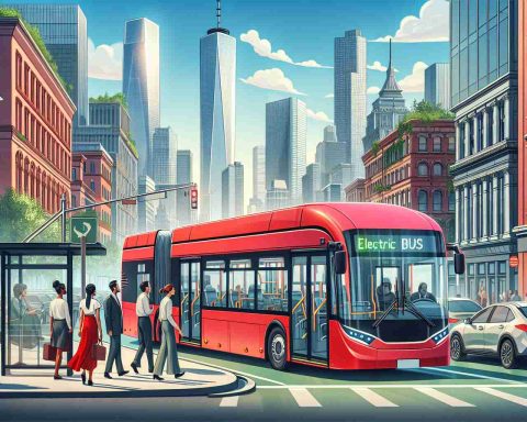 Generate a high-definition image demonstrating the revolution in urban mobility characterized by electric buses. This should depict a bustling city street with modern, eco-friendly electric buses painted in vibrant red color. Some buses should be in motion, while others are docked at bus stops. Show people of different descents and genders such as Caucasian women, South Asian men, Hispanic, Middle-Eastern, and Black individuals waiting for or alighting from the bus. Also include skyscrapers and cityscape in the background to emphasize the urban setting.