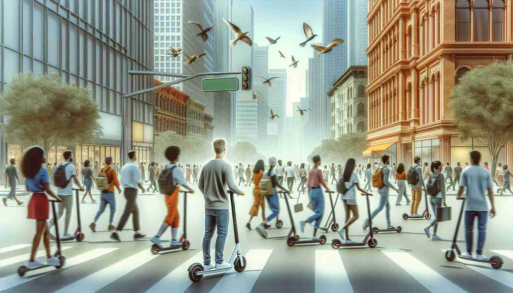 Generate a realistic HD photo illustrating the concept of revolutionizing urban mobility, focusing on the increasing popularity and rise of electric scooters. Display a busy urban street scene with people of various descents and genders using electric scooters as their primary means of transportation. Make sure to include details such as the design of the electric scooters, the diverse attire of the individuals and the cityscape in the background.