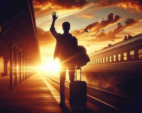 Create a vivid, high-definition digital representation of the concept of 'Goodbye, But Not Forgotten'. Imagine an inspiring moment of departure, perhaps capturing a person waving farewell at a train station or an airport, their silhouette against the glowing sunrise or sunset. Emphasize the melancholy and longing associated with goodbyes, but also the hope and the lasting impact of shared memories. A mixture of warmth from the fleeting light, the person's faint smile, and determination in their eyes all signify that although it is a departure, the connection remains. Avoid featuring any specific real people or celebrities in this depiction.