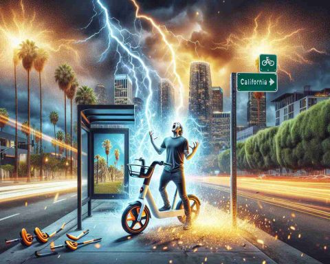 Create a highly detailed, realistic image that represents the overwhelming demand for California's E-Bike Voucher Program. The scene includes a symbolic representation of excitement represented as bright sparks of light, which gradually turns into frustration depicted as a thunderstorm. The background offers a glimpse of California's iconic palm-lined streets and modern cityscape. Please avoid including any recognizable individuals or copyrighted imagery.