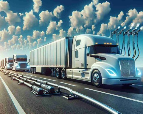 Generate a lifelike, high-definition image of hydrogen-powered semi trucks on the road. The trucks are artistically conceptualized as the future of goods transportation, implying significant changes in logistic strategies. This scene could be set against a beautiful sky backdrop signifying a newer, cleaner way of transportation. Some form of visual or text information should hint at the challenging aspects of this transition, like the availability of hydrogen fueling stations or cost-effectiveness compared to traditional methods.