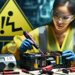 A high definition, realistic photo illustrating the concept of advanced safety measures for battery-operated devices. It should show a professional expert, perhaps an Asian female engineer with safety goggles, inspecting a device with an extensive tool kit. The scene could also incorporate visual cues such as warning signs, and the device partially disassembled to highlight the intricacy of the task.