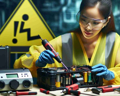 A high definition, realistic photo illustrating the concept of advanced safety measures for battery-operated devices. It should show a professional expert, perhaps an Asian female engineer with safety goggles, inspecting a device with an extensive tool kit. The scene could also incorporate visual cues such as warning signs, and the device partially disassembled to highlight the intricacy of the task.