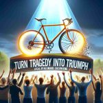 Visualize a detailed and realistic high-definition image depicting the concept of 'Turn Tragedy into Triumph'. Picture a local bike brand that has experienced a setback but is now rising again. Show the transformation symbolically, perhaps a broken bicycle that's being rebuilt, glowing with promise and optimism, with the brand's logo visible subtly in the background. Surround it with a supportive community, cheering and encouraging, depicting all genders and descents including Caucasian, Hispanic, Black, Middle-Eastern, and South Asian.