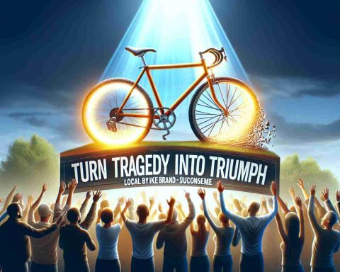 Visualize a detailed and realistic high-definition image depicting the concept of 'Turn Tragedy into Triumph'. Picture a local bike brand that has experienced a setback but is now rising again. Show the transformation symbolically, perhaps a broken bicycle that's being rebuilt, glowing with promise and optimism, with the brand's logo visible subtly in the background. Surround it with a supportive community, cheering and encouraging, depicting all genders and descents including Caucasian, Hispanic, Black, Middle-Eastern, and South Asian.