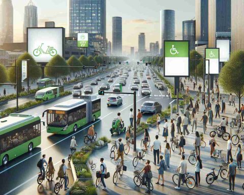 Realistic high-definition image of an urban landscape, where the city administration has proclaimed a new environmental-friendly initiative for sustainable transportation. The scenery includes various types of green transport solutions like bicycles, electric buses, and scooters. There are also multiple billboards and posters around the city, advertising the initiative. In the foreground, a diverse crowd comprising of men and women of Caucasian, Asian, African, and Hispanic descent are seen using these eco-friendly modes of transport.