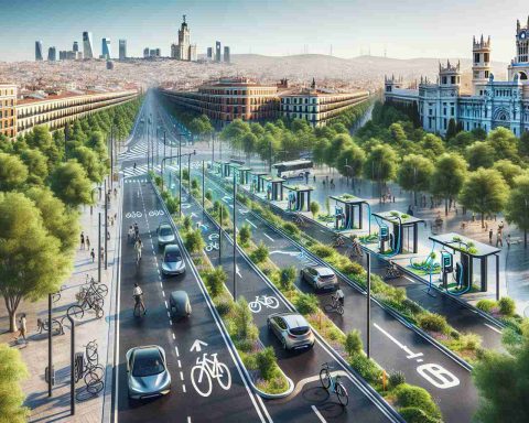 An ultra-high-definition, realistic photograph showcasing a new sustainability-focused mobility program in Madrid, Spain. Capture bike lanes, electric vehicles, pedestrians, charging stations, and plenty of greenery in the image. Show the cityscape of Madrid with its rich architecture in the background.