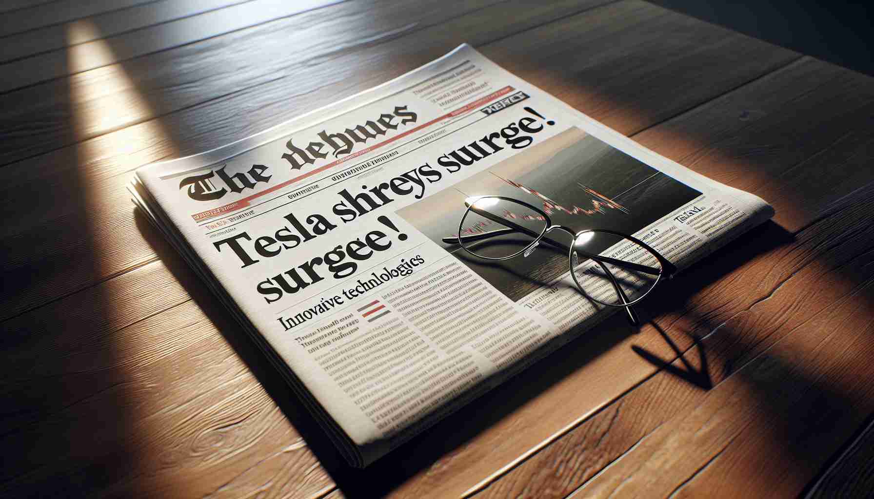 An high-definition, realistic image of a newspaper front page featuring the headline 'Tesla Shares Surge! Innovative Technologies Drive Future Value'. Include news highlights subtly on the page's side and a pair of glasses resting on the paper. Depict the newspaper on an oak table, indicating morning sunlight streaming in from a window and casting soft light on the tabletop.