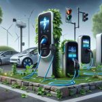 A highly realistic and high-definition photograph capturing the increasing prominence of portable electric vehicle chargers. The image shows a variety of these devices, visually emphasizing their evolution and future significance in the coming decade. The chargers are displayed in various contexts, such as in homes, near driveways, and in public charging stations. The growth and expectation of this technology's rise are symbolized in the image by flourishing plant life surrounding the chargers, illustrating the concept of 'growth.'