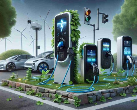 A highly realistic and high-definition photograph capturing the increasing prominence of portable electric vehicle chargers. The image shows a variety of these devices, visually emphasizing their evolution and future significance in the coming decade. The chargers are displayed in various contexts, such as in homes, near driveways, and in public charging stations. The growth and expectation of this technology's rise are symbolized in the image by flourishing plant life surrounding the chargers, illustrating the concept of 'growth.'