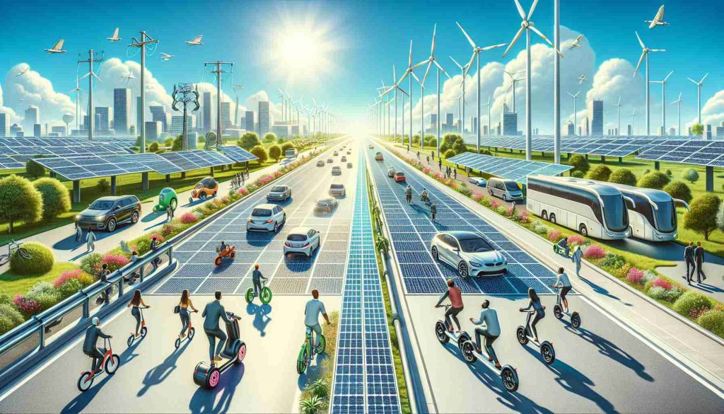 Create a high-definition, realistic illustration of a paradigm shift in transport: roads which are solar-powered. Imagine it as part of a sustainable future. Depict wide roads paved with solar panels under a bright sun. Along the sides of the roads, feature sustainable structures such as wind turbines or eco-friendly buildings, electric vehicles cruising along the road, and people of diverse descents and genders using e-bikes or hoverboards. Ensure the colors reflect a bright, clean, and green environment, portraying optimism about this sustainable mode of transportation.