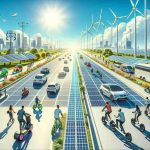 Create a high-definition, realistic illustration of a paradigm shift in transport: roads which are solar-powered. Imagine it as part of a sustainable future. Depict wide roads paved with solar panels under a bright sun. Along the sides of the roads, feature sustainable structures such as wind turbines or eco-friendly buildings, electric vehicles cruising along the road, and people of diverse descents and genders using e-bikes or hoverboards. Ensure the colors reflect a bright, clean, and green environment, portraying optimism about this sustainable mode of transportation.