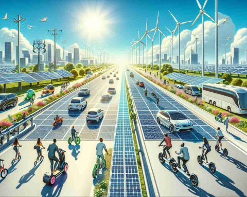 Create a high-definition, realistic illustration of a paradigm shift in transport: roads which are solar-powered. Imagine it as part of a sustainable future. Depict wide roads paved with solar panels under a bright sun. Along the sides of the roads, feature sustainable structures such as wind turbines or eco-friendly buildings, electric vehicles cruising along the road, and people of diverse descents and genders using e-bikes or hoverboards. Ensure the colors reflect a bright, clean, and green environment, portraying optimism about this sustainable mode of transportation.