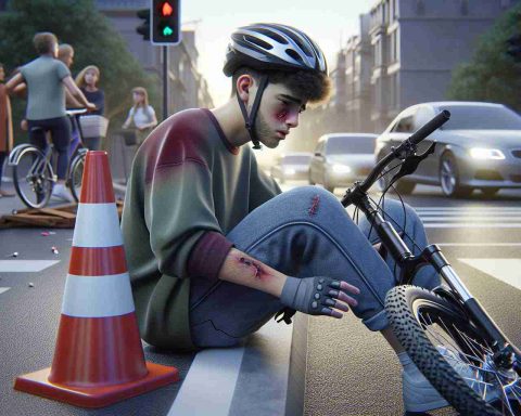 A high-definition, realistic image depicting a scene where a teenage boy of Middle Eastern descent, wearing a helmet and casual cycling attire, is involved in a minor traffic incident. His bike appears to have collided with a traffic cone. He is mildly injured, displaying signs of discomfort but no major wounds, indicating that his helmet and protective gear have largely done their job. The scene takes place in a typical urban environment with cars, bicycles, traffic lights, pedestrian crossings, signage, and onlookers expressing concern.