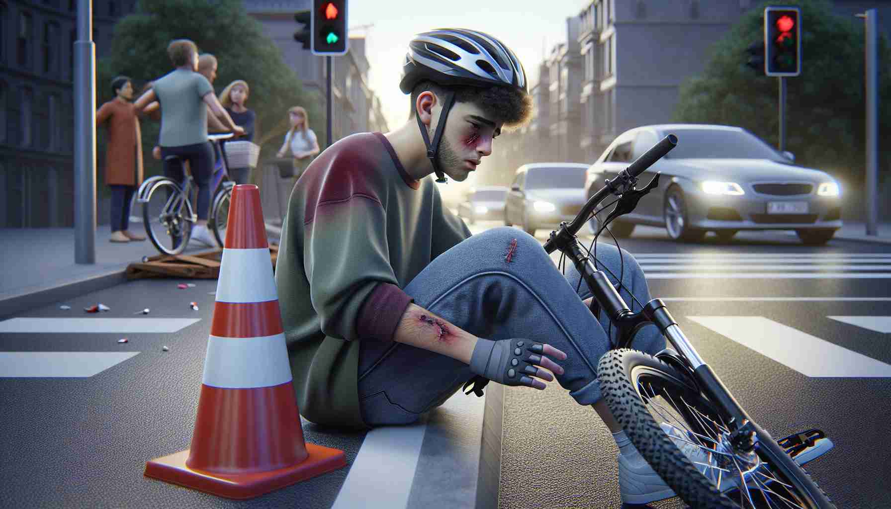 A high-definition, realistic image depicting a scene where a teenage boy of Middle Eastern descent, wearing a helmet and casual cycling attire, is involved in a minor traffic incident. His bike appears to have collided with a traffic cone. He is mildly injured, displaying signs of discomfort but no major wounds, indicating that his helmet and protective gear have largely done their job. The scene takes place in a typical urban environment with cars, bicycles, traffic lights, pedestrian crossings, signage, and onlookers expressing concern.