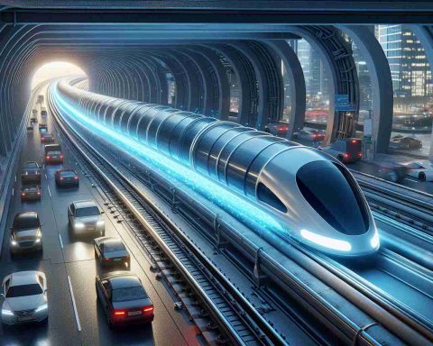 Detailed and realistic high definition representation of the future of travel. This includes an image of a hyperloop system, depicted as advanced, cutting-edge technology racing ahead of contemporary travel methods. The scene includes a hyperloop pod traveling at high speed within a tube, demonstrating the potential fast and efficient transportation future. Surrounding the hyperloop, there should be glimpses of old travel methods such as cars and trains, signifying it's outpacing them in terms of innovation and efficiency.