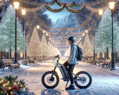 Realistic high-definition depiction of a serene holiday season with beautifully adorned trees, sparkling lights, and snowy streets. The central focus should be an e-bike with modern features and high-safety measures, making it an ideal gift for a teenager. The teenager, who could be Middle-Eastern and identified as male, should be wearing a helmet and other safety gear, demonstrating the importance of protection. The atmosphere should be joyous and festive.