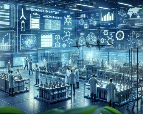 Detailed high-definition illustration of a renewable energy company innovating battery technology. Depict a futuristic lab setting with engineers of different descents and genders working diligently. Display blueprints and graphs showing enhanced battery designs, while arrays of advanced battery prototypes are being tested under different conditions. Environmental reminders like solar panels and wind turbines are visible in the background, emphasizing their commitment to renewable energy.