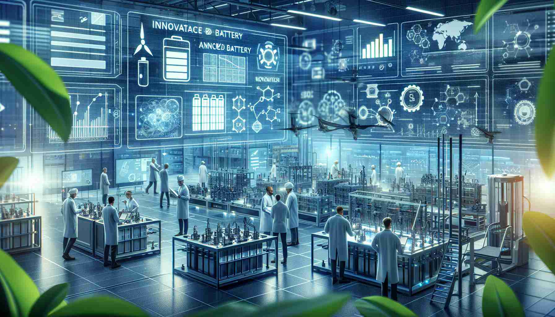 Detailed high-definition illustration of a renewable energy company innovating battery technology. Depict a futuristic lab setting with engineers of different descents and genders working diligently. Display blueprints and graphs showing enhanced battery designs, while arrays of advanced battery prototypes are being tested under different conditions. Environmental reminders like solar panels and wind turbines are visible in the background, emphasizing their commitment to renewable energy.