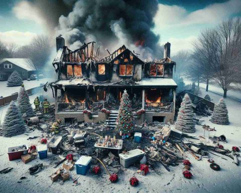 A heartbreaking HD image that depicts the realistic scene of a family's house ravaged by fire just days before Christmas. The photo shows the charred remnants of a suburban home, once filled with warmth and holiday cheer, now reduced to ashes amidst a snowy landscape. Billowing smoke still rises from the house while fire fighters battle the remaining flames. Leftover festive decorations add a poignant contrast to the devastating event.