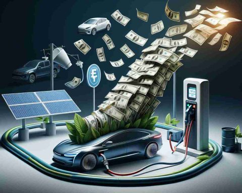 Create a realistic HD illustration that conveys the concept of significant funds being pushed towards improving air quality. Highlight in the image a large symbolic stash of cash being funneled towards the creation of electric vehicle infrastructure like charging stations, solar panels, and modern, slick electric cars.