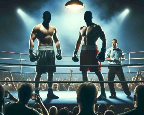 Create an image that depicts a tense scene in a boxing ring with two anonymous professional boxers. One of them is taller with a sturdy, heavyweight build; while the other has more agility reflecting their lighter weight class. The crowd in the background is buzzing with anticipatory excitement, and the referee is ensuring fair play. Commemorate the significance of the rematch atmosphere in the scene, while keeping identities generic.