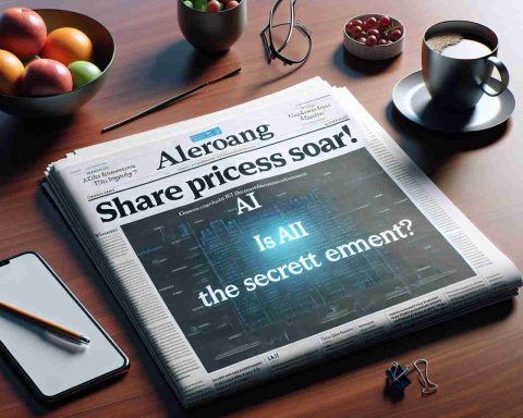 A realistic HD image of a newspaper headline that reads, 'Share Prices Soar! Is AI the Secret Element?' The newspaper is spread out on a sleek, mahogany table with the headline prominent. Surrounding it, there's a bowl of fruits, a cup of steaming coffee and a pair of reading glasses. The text of article hints at recent growth in the tech sector, instigated by advances in AI technology.