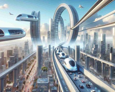 Create a very high definition image that showcases the concept of hyperloop transportation. Illustrate a world where this advanced technology is fully established and there are no traffic jams. It should depict futuristic cityscapes, sleek hyperloop pods speeding through vacuum tubes above or below ground, people efficiently traveling across the city, and a peaceful, organised environment representing the end of everyday traffic chaos.