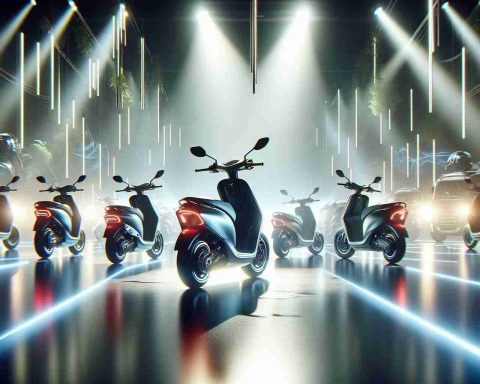 A high-definition, photorealistic image depicting the scene of an electric revolution in the realm of two-wheelers. Show a selection of brand-new, innovative scooters being revealed by a renowned automotive manufacturer. The scooters shine in the spotlight, their sleek bodies glinting, reflecting the advanced technology employed in them. The environment around is abuzz with excitement and anticipation.