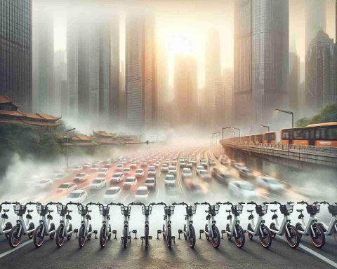 Create a high-definition, photorealistic image showing the air pollution problem in a bustling Asian metropolis, likely caused by motor vehicles. In the foreground, showcase an array of electric bikes offering a potential solution to this issue. The scene should suggest the idea of urban transformation towards cleaner transportation.