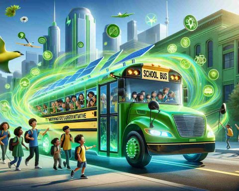 A high-definition, realistic depiction of the future of school transportation. Discretely brandished with the words 'Washington's Green Initiative' on its side, a fluorescent-green, electric school bus dominates the scene, its solar panels gleaming in the sun. To suggest its eco-friendly technology, the bus is surrounded by a vibrant aura of renewable energy, visualized as a swirling array of green symbols and icons representing sustainability. Joyful children of diverse descents - Caucasian, Black, Hispanic, Middle-Eastern and South Asian - and of various genders, are seen excitedly boarding the bus. A futuristic cityscape, complete with green buildings and renewable energy sources, forms the backdrop against clear blue skies.