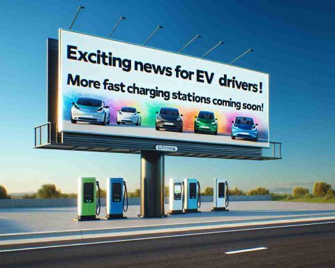 A high-definition realistic image showing a billboard announcing 'Exciting News for EV Drivers! More Fast Charging Stations Coming Soon'. The billboard is set against a clear blue sky. With a vibrant, eye-catching design, the billboard captures people's attention. In the foreground, there should be a variety of electric vehicles parked nearby - to imply the connection between the message and the electric vehicle drivers. The image evokes a sense of anticipation and elation for the future of eco-friendly transportation.