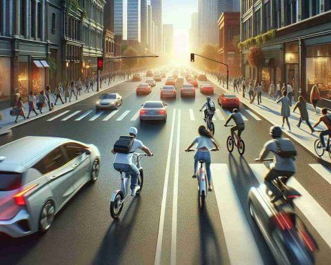 A high-definition, realistic photo representing the concept of E-Bikes as both the future of transportation and potential hazards on our streets. The scene includes a street view where different people are using E-bikes. It should show busy city traffic with both positives and negatives of E-bikes. An E-bike rider might be enjoying the speed and agility in the traffic, while another could be near-miss with a pedestrian, showing potential danger.