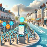 Create a high-definition, realistic image illustrating exciting changes coming to a town's bike share service located in Caen. Show new, modern bicycles lined up in a designated area, along with visible signs of improvements, like updated digital stations to check out bikes, new bike lanes being marked, and maybe even a crowd of eager users examining the new service.