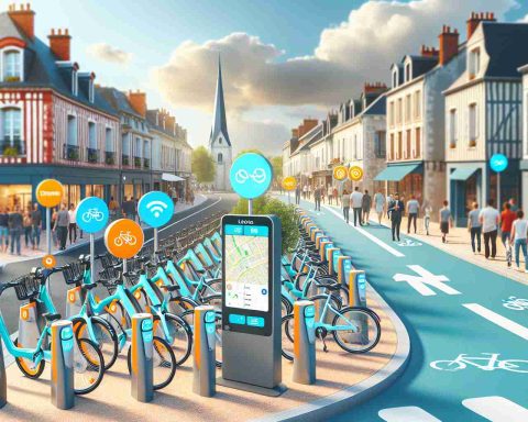 Create a high-definition, realistic image illustrating exciting changes coming to a town's bike share service located in Caen. Show new, modern bicycles lined up in a designated area, along with visible signs of improvements, like updated digital stations to check out bikes, new bike lanes being marked, and maybe even a crowd of eager users examining the new service.