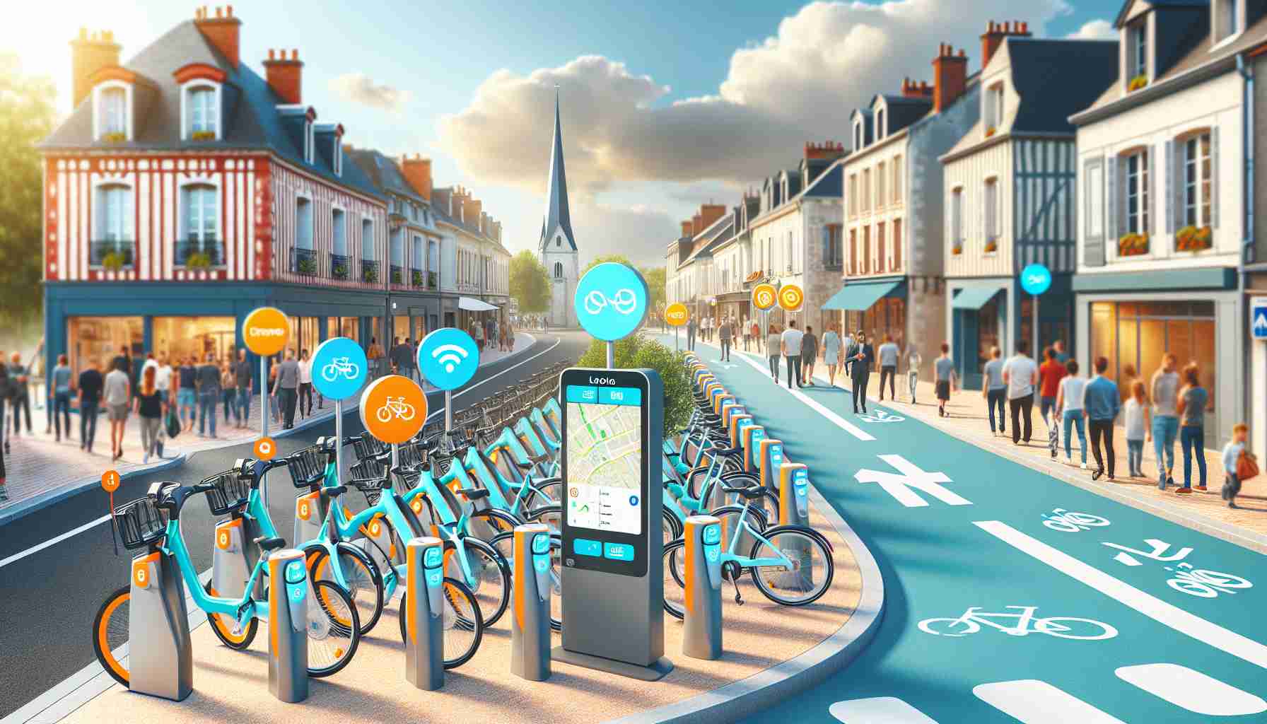 Create a high-definition, realistic image illustrating exciting changes coming to a town's bike share service located in Caen. Show new, modern bicycles lined up in a designated area, along with visible signs of improvements, like updated digital stations to check out bikes, new bike lanes being marked, and maybe even a crowd of eager users examining the new service.