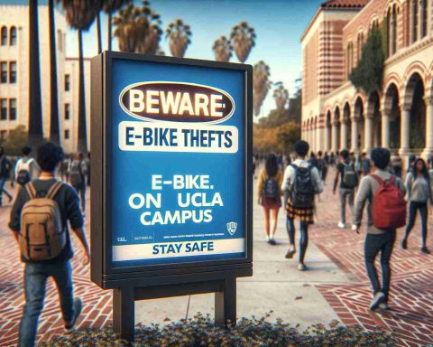 Generate a realistic, high-definition image showing a sign that displays the message: 'Beware: E-Bike Thefts on UCLA Campus! Stay Safe'. The sign is prominently placed in a busy area of a university campus with students passing by, studying or socializing.