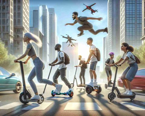 A high-definition, realistically depicted scene showcasing various affordable electric ride alternatives that could revolutionize commuting. The image features a cityscape in daylight with individuals making use of different types of electric transportation devices. There's a Caucasian woman whizzing by on an e-scooter, a Black man gliding on a hoverboard, a Middle-Eastern man riding an electric bike, and a Hispanic woman commuting on an electric skateboard. Each person appears to be enjoying their ride, hinting at the adventurous side of these commuting means.