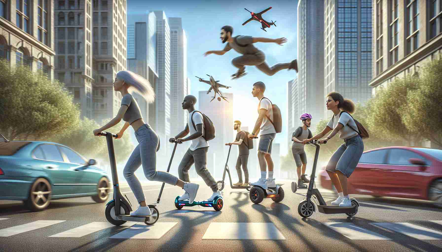 A high-definition, realistically depicted scene showcasing various affordable electric ride alternatives that could revolutionize commuting. The image features a cityscape in daylight with individuals making use of different types of electric transportation devices. There's a Caucasian woman whizzing by on an e-scooter, a Black man gliding on a hoverboard, a Middle-Eastern man riding an electric bike, and a Hispanic woman commuting on an electric skateboard. Each person appears to be enjoying their ride, hinting at the adventurous side of these commuting means.