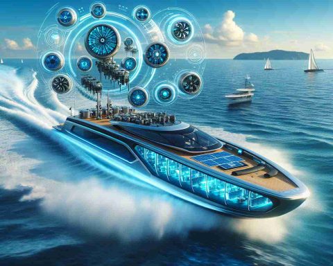 Generate a high-definition, realistic image showcasing the revolution of the marine industry with innovative electric propulsion technology. The focus should be on a futuristic electric boat, riding on the waves with visible power supply and propulsion mechanisms. The overall design should be modern and sustainable, hinting at a future where marine travel relies heavily on clean energy. Surroundings should reflect a typical marine scenario: pristine blue waters, clear sky, and distant land on the horizon, all contributing to a convincing representation of a pioneering change in maritime activity.