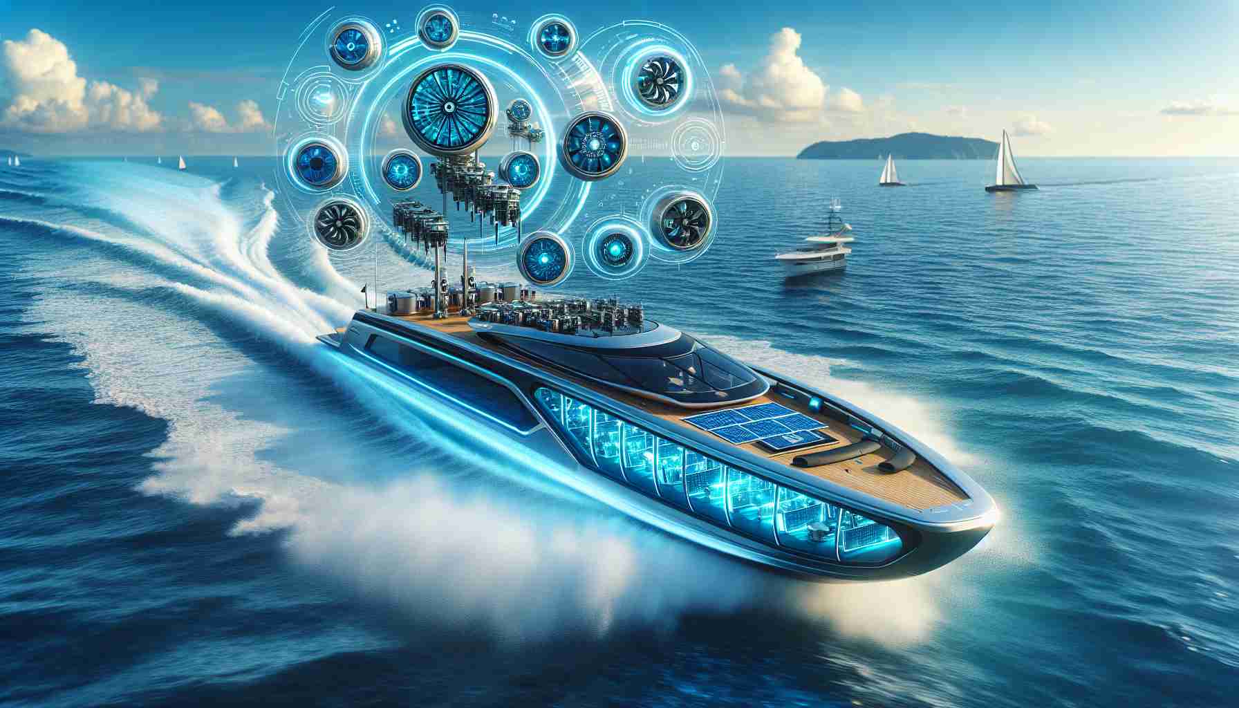 Generate a high-definition, realistic image showcasing the revolution of the marine industry with innovative electric propulsion technology. The focus should be on a futuristic electric boat, riding on the waves with visible power supply and propulsion mechanisms. The overall design should be modern and sustainable, hinting at a future where marine travel relies heavily on clean energy. Surroundings should reflect a typical marine scenario: pristine blue waters, clear sky, and distant land on the horizon, all contributing to a convincing representation of a pioneering change in maritime activity.