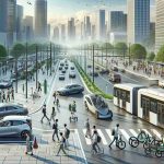 Generate a realistic, high-definition image showing the advancement of urban mobility, featuring the prominence of electric transportation. The scene could include a bustling city street with electric cars seamlessly blended into the traffic, electric bikes or scooters parked in dedicated spaces, and electric buses being used for mass transit. Pedestrians, of varied descents and genders, are going about their day, with some visibly interacting with these electric transportation methods. The skyline is dotted with infrastructure that supports and promotes electric transportation, like charging stations and educational billboards on the benefits of going electric.