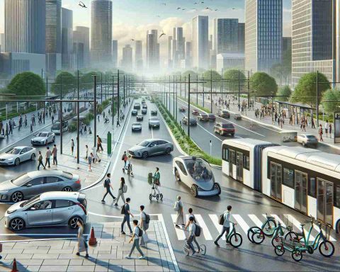 Generate a realistic, high-definition image showing the advancement of urban mobility, featuring the prominence of electric transportation. The scene could include a bustling city street with electric cars seamlessly blended into the traffic, electric bikes or scooters parked in dedicated spaces, and electric buses being used for mass transit. Pedestrians, of varied descents and genders, are going about their day, with some visibly interacting with these electric transportation methods. The skyline is dotted with infrastructure that supports and promotes electric transportation, like charging stations and educational billboards on the benefits of going electric.