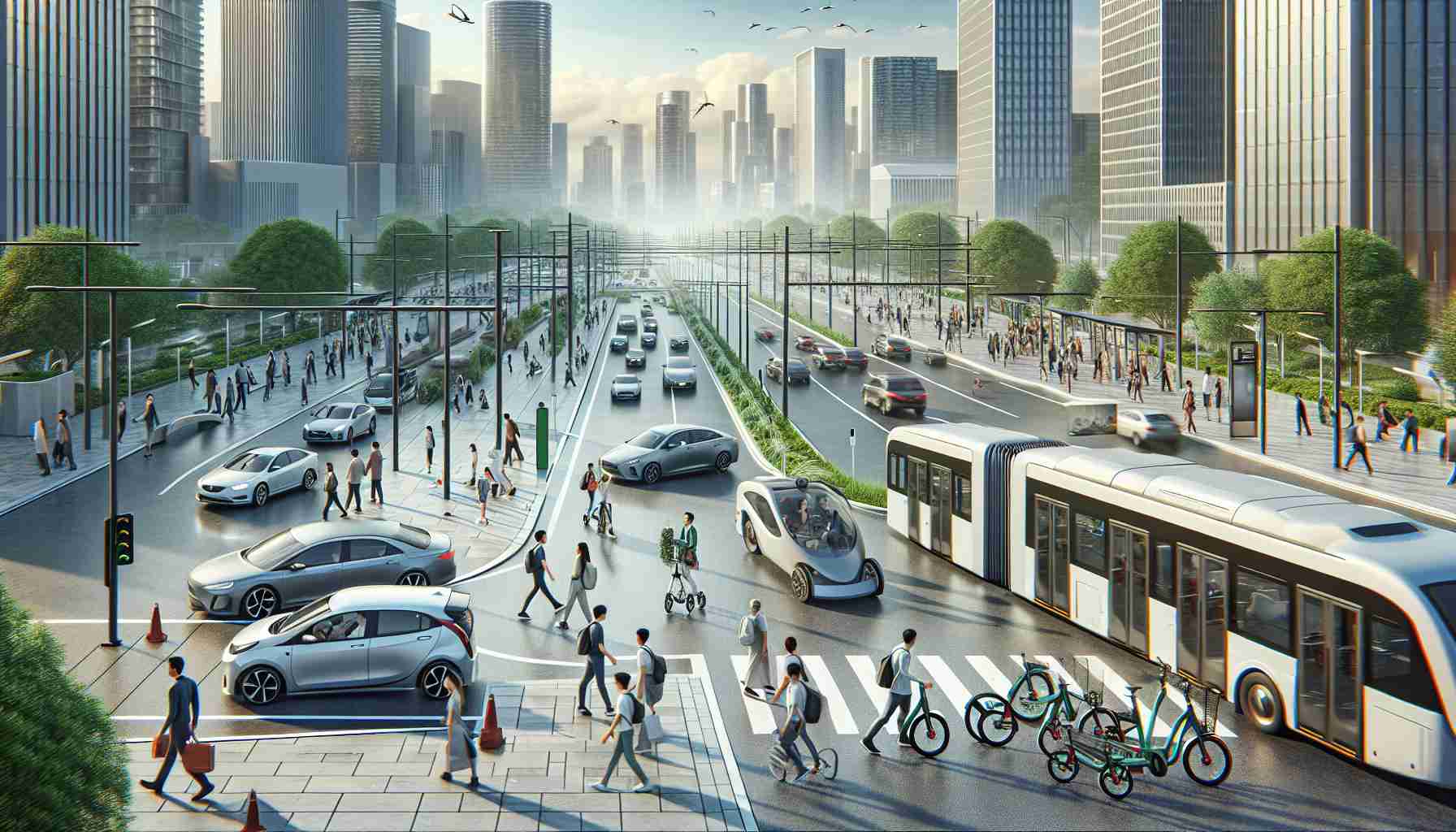 Generate a realistic, high-definition image showing the advancement of urban mobility, featuring the prominence of electric transportation. The scene could include a bustling city street with electric cars seamlessly blended into the traffic, electric bikes or scooters parked in dedicated spaces, and electric buses being used for mass transit. Pedestrians, of varied descents and genders, are going about their day, with some visibly interacting with these electric transportation methods. The skyline is dotted with infrastructure that supports and promotes electric transportation, like charging stations and educational billboards on the benefits of going electric.