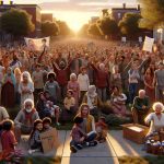 A realistic, high-definition image of a diverse community rallying together. The scene features people of various descents including Caucasian, Hispanic, Middle-Eastern, Black, South Asian, and East Asian, aged from children to elderly. They gather in a local park, unified in support of a particular family. Some wave handmade banners while others are offering aid in the form of food and clothing donations. A sense of unity, compassion, and love permeates the scene as empathetic smiles abound. In the background, the sun is setting, casting a warm hue over the entire scene.