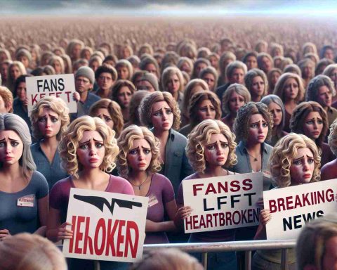 A high definition, realistic image capturing the scene following an imaginary concert. The image shows the crowd of fans with expressions of disappointment on their faces. They carry signs showing support for a popular, fictitious country-pop singer with blonde curls. The main caption for the scene is 'Breaking News: Fans Left Heartbroken'. Include the signs, the fans' expressions looking heartbroken, and the 'Breaking News' headline in the same frame.